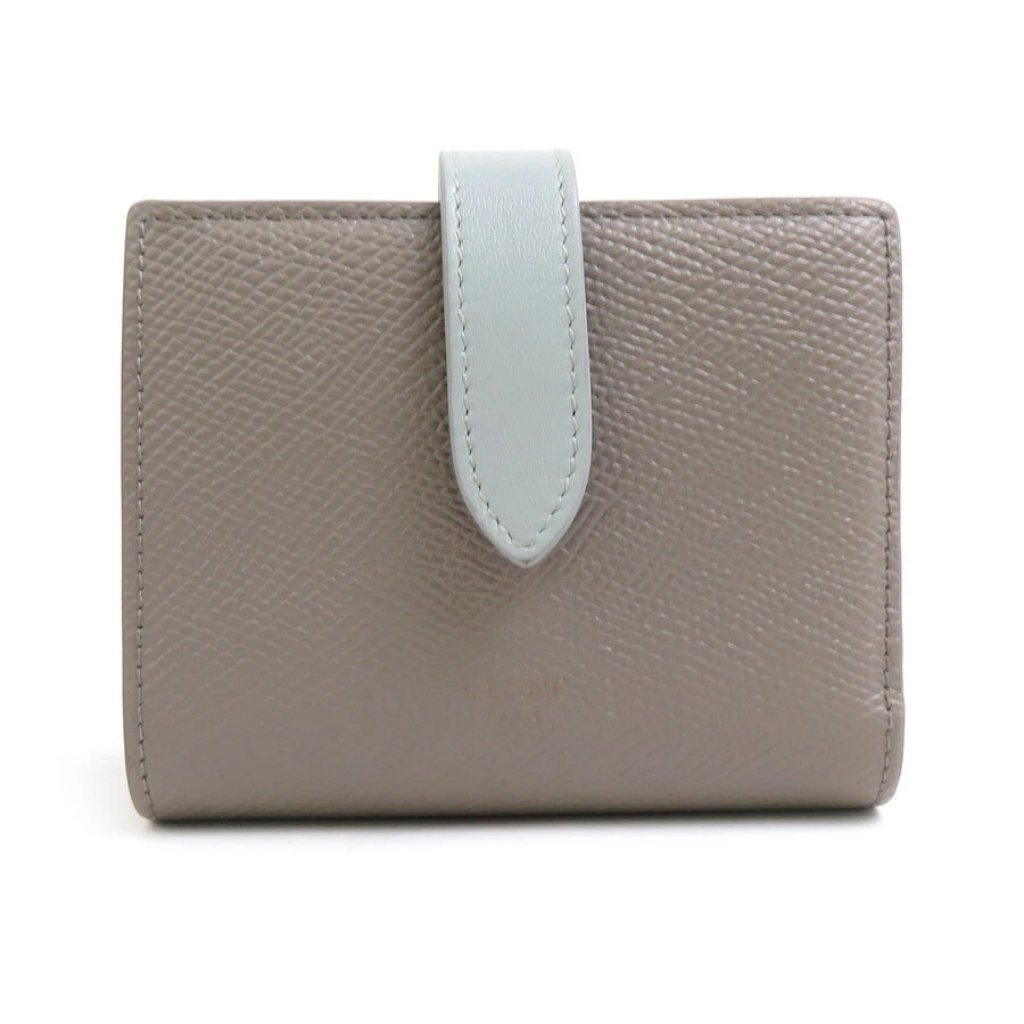 Auth Celine Bifold Wallet Greige/Blue Grey Leather